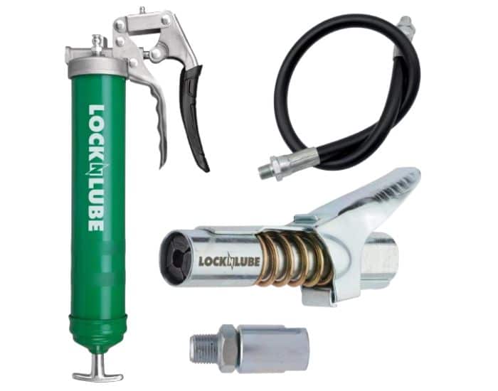LockNLube green pistol grip grease gun kit with coupler and flexible hose for easy lubrication.