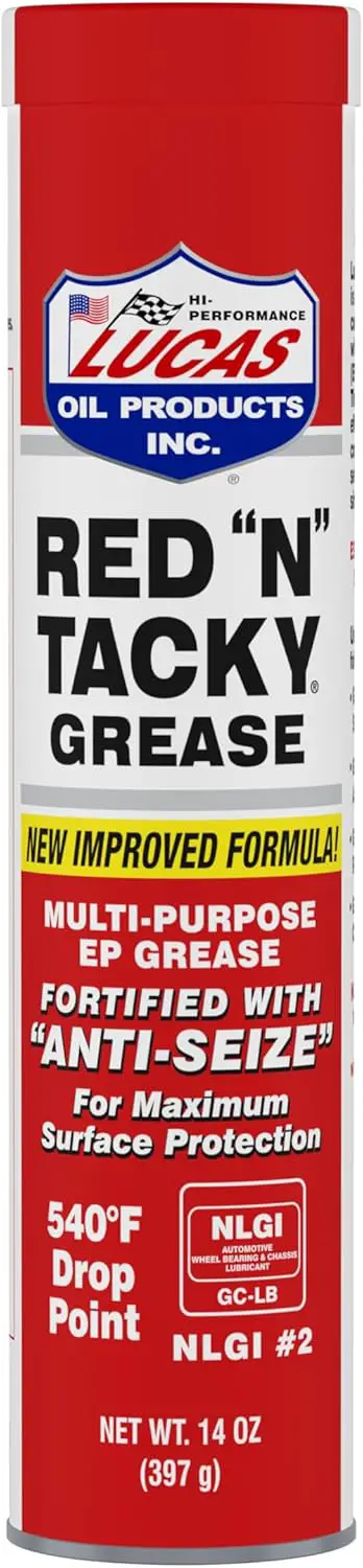 Lucas Oil Red 'N' Tacky Lithium Grease for general automotive use.