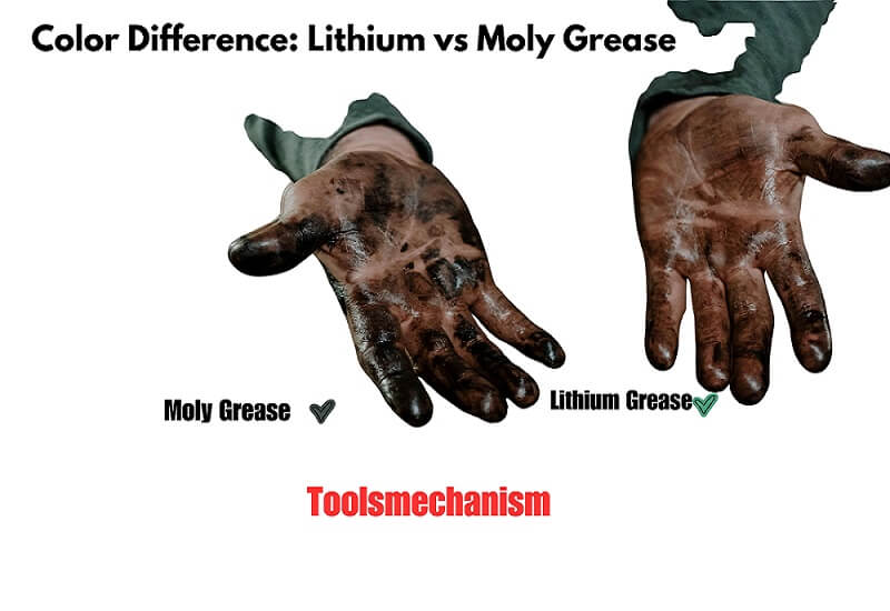 Visual color difference between black Moly grease and white Lithium grease on hands.