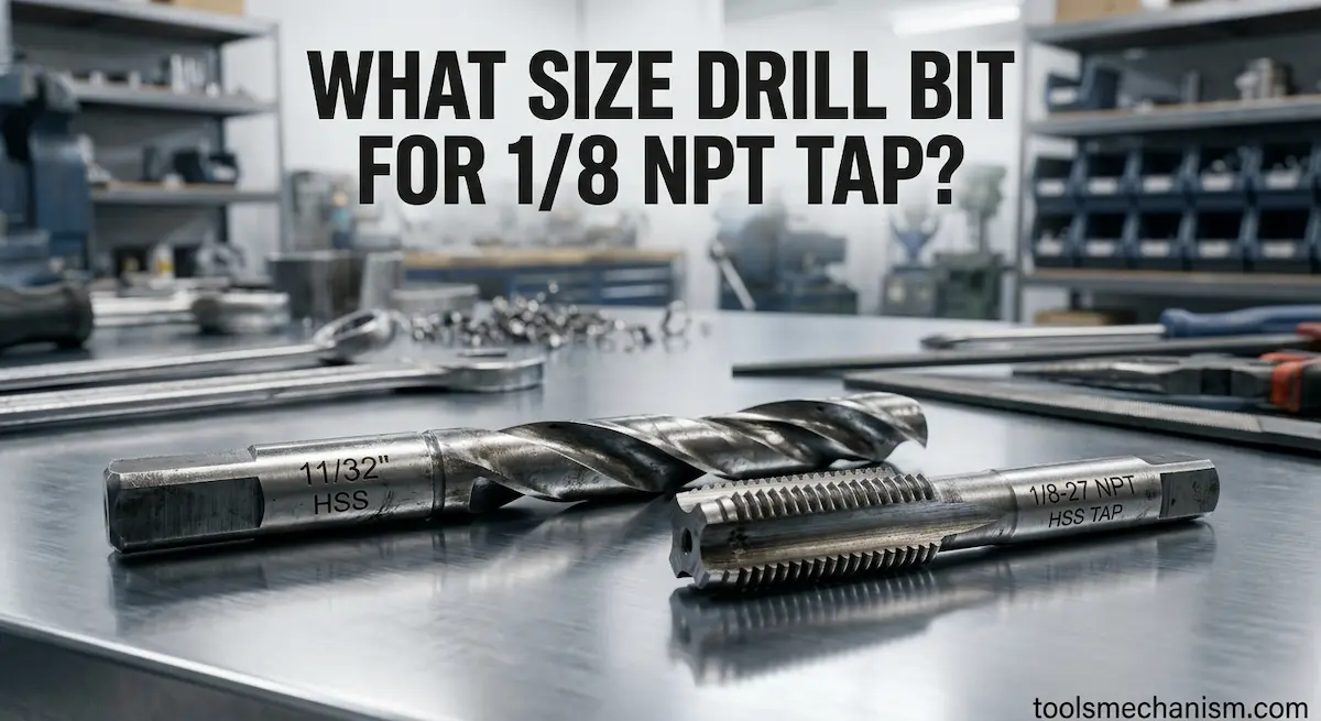 A professional guide explaining What Size Drill Bit Do I Need for a 1/8 Npt Tap is needed, featuring toolsmechanism.com.