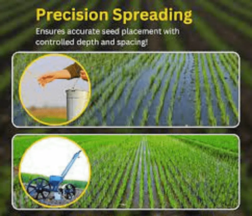 An illustration showing the efficiency of planting seeds in organized rows with a seed drill.