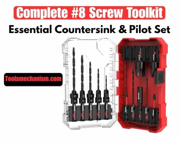 A professional essential countersink and pilot set for #8 screw pilot holes.
Caption: