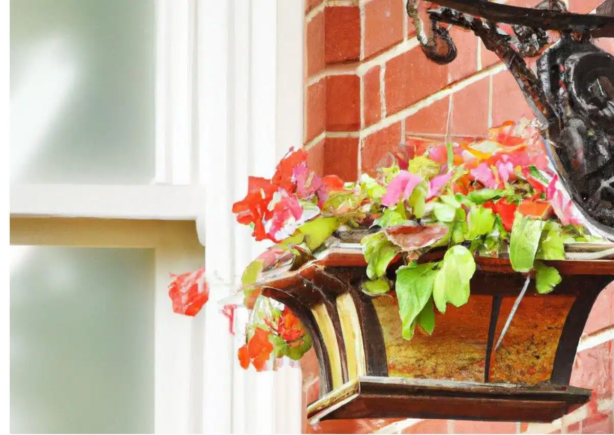 Beautiful window box with colorful flowers on vinyl siding showing how to hang a window box without drilling