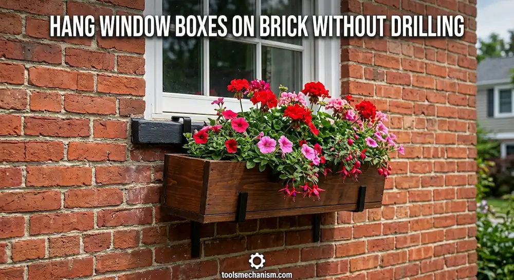 A photo illustrating 'how to hang window boxes on brick without drilling?' showing a window box securely attached to a brick wall using no-drill methods.