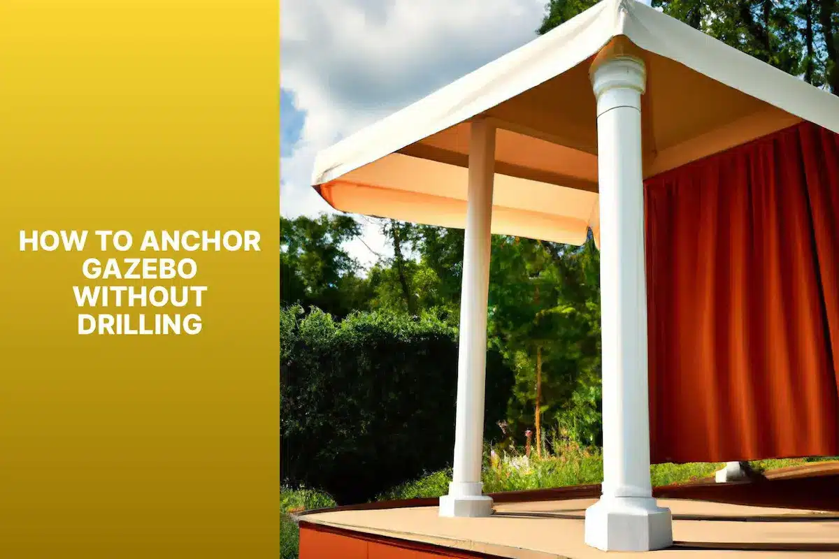 A photo demonstrating how to anchor gazebo without drilling by using weighted bags on each leg.