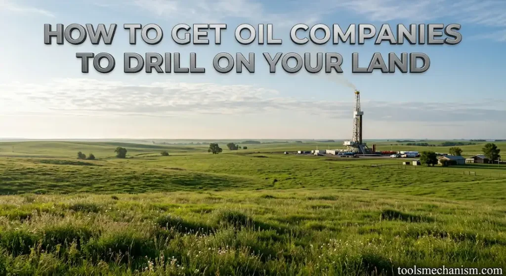 An industrial oil drilling rig on a private ranch showing how to get oil companies to drill on your land guide.