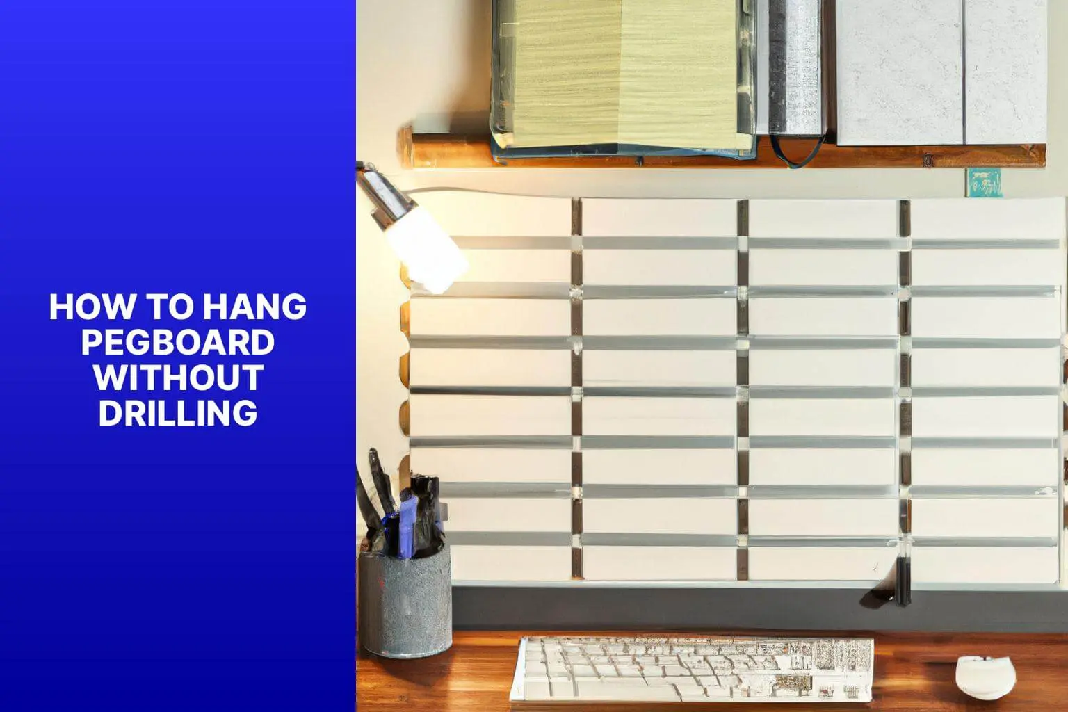 Organized tools on a wall demonstrating how to hang pegboard without drilling using adhesive strips.