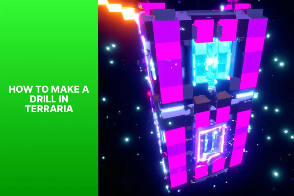 A photo illustrating 'how to make a drill in Terraria?' showing a player character using a powerful drill in the game.