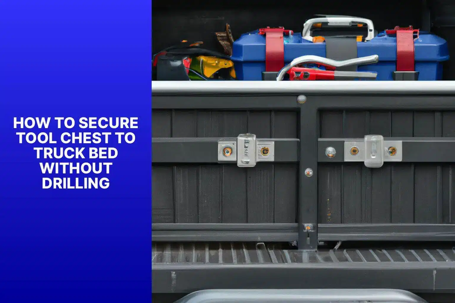 A professional setup showing how to secure a tool chest to a truck bed without drilling using heavy-duty J-bolts and clamps.