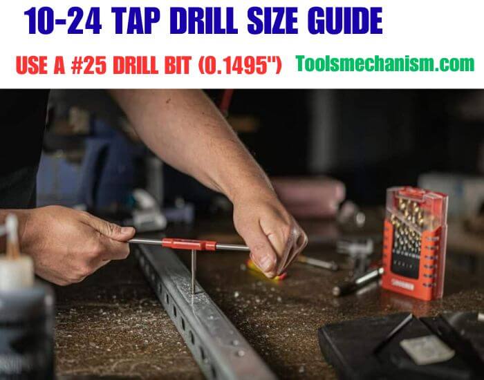 Hand-tapping a metal piece to show what size drill bit do I need for a 10-24 tap guide.