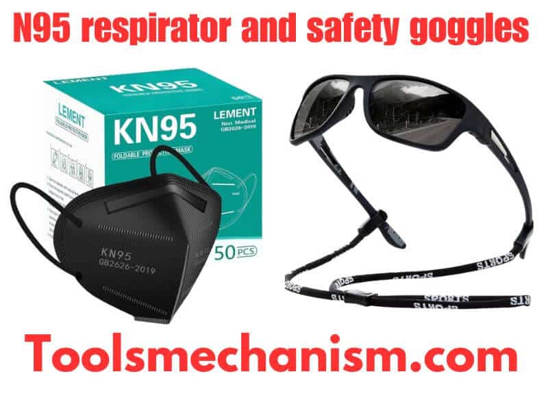 Using N95 respirator and safety goggles for protection in how to drill fiberglass without cracking guide.