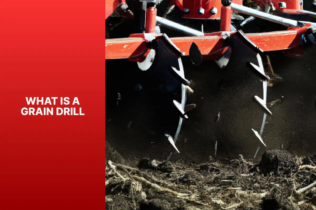 A photo illustrating what is a grain drill in an agricultural field.
