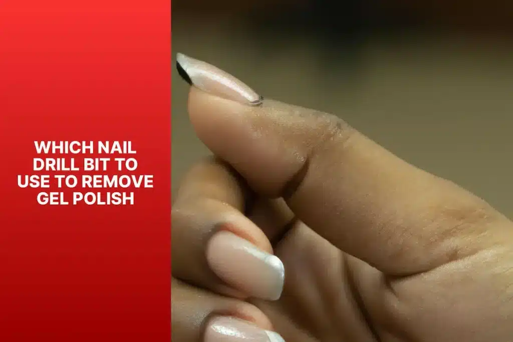 A photo answering 'which nail drill bit to use to remove gel polish' by showing a ceramic bit in use.
